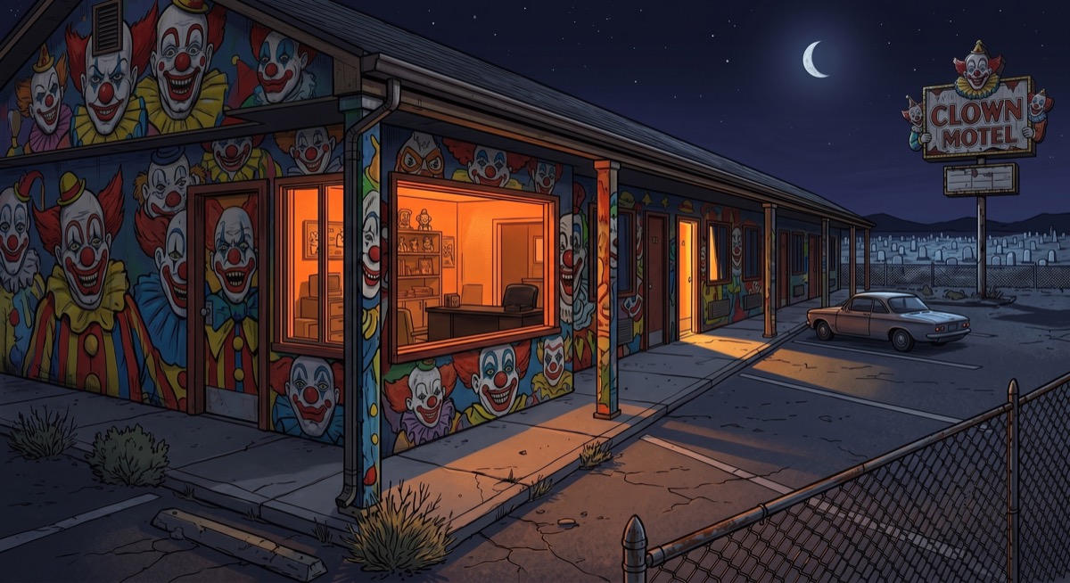The Clown Motel in Tonopah, Nevada at night—windows glowing orange, clown murals covering every exterior surface, a cemetery visible through chain-link fence in the background, one door slightly ajar