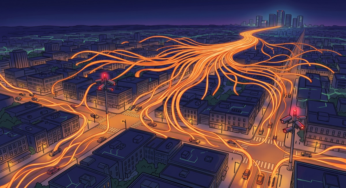 A city at night, every vehicle trailing a faint orange data-ghost—the digital twin of every commute, every errand, every drive home, banked in a server room no one asked about