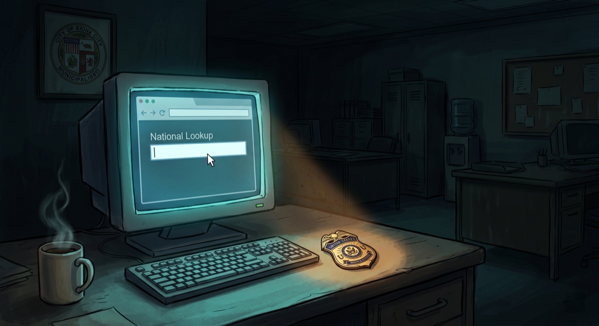 A data terminal glowing in a darkened precinct room—query cursor blinking, the requestor's badge showing a jurisdiction three states away, the local city seal visible on the wall behind it
