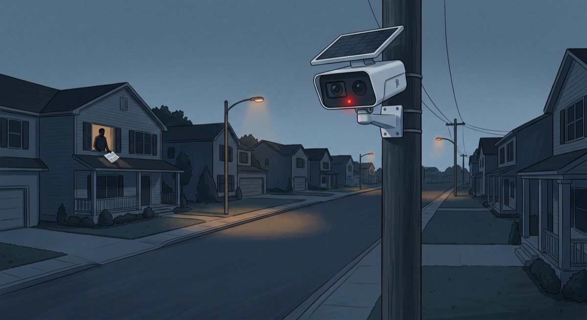 A lone camera on a pole in a quiet residential street, early morning, the only light coming from its indicator, a resident watching it from an unlit window two stories up, holding a folded city council agenda