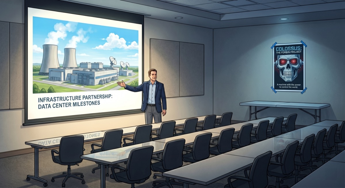 The slide deck opens with the Memphis data center exterior; slide two has a 1970 movie poster that someone has helpfully printed for the back of the room, where no one is sitting