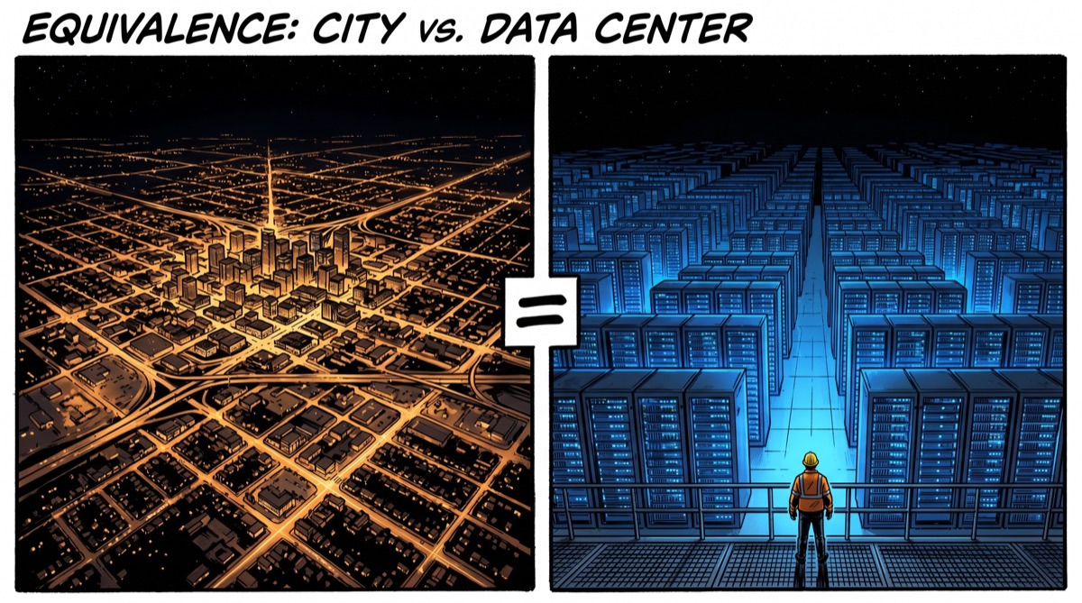 The scale is: a small city's worth of electricity, pointed at server racks, in service of an AI that is now explaining this to you using some of it