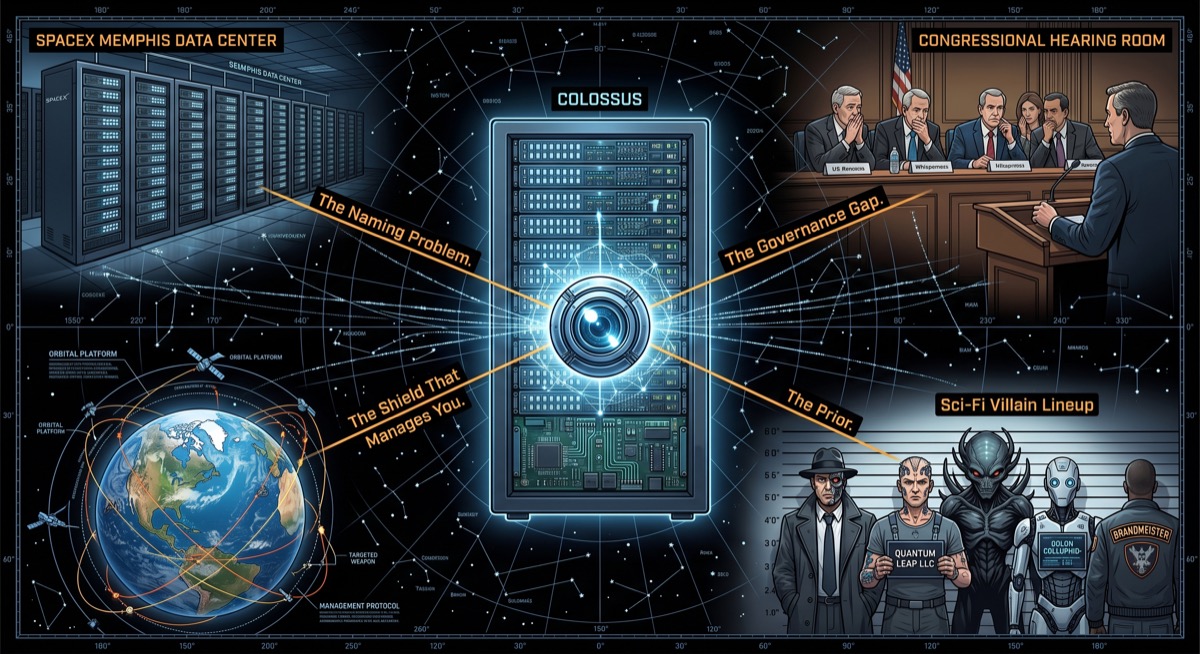 Colossus at the center of four radiating lines, each one reaching to a different essay where it had already arrived. The lines are labeled: The Naming Problem, The Governance Gap, The Shield That Manages You, The Prior.