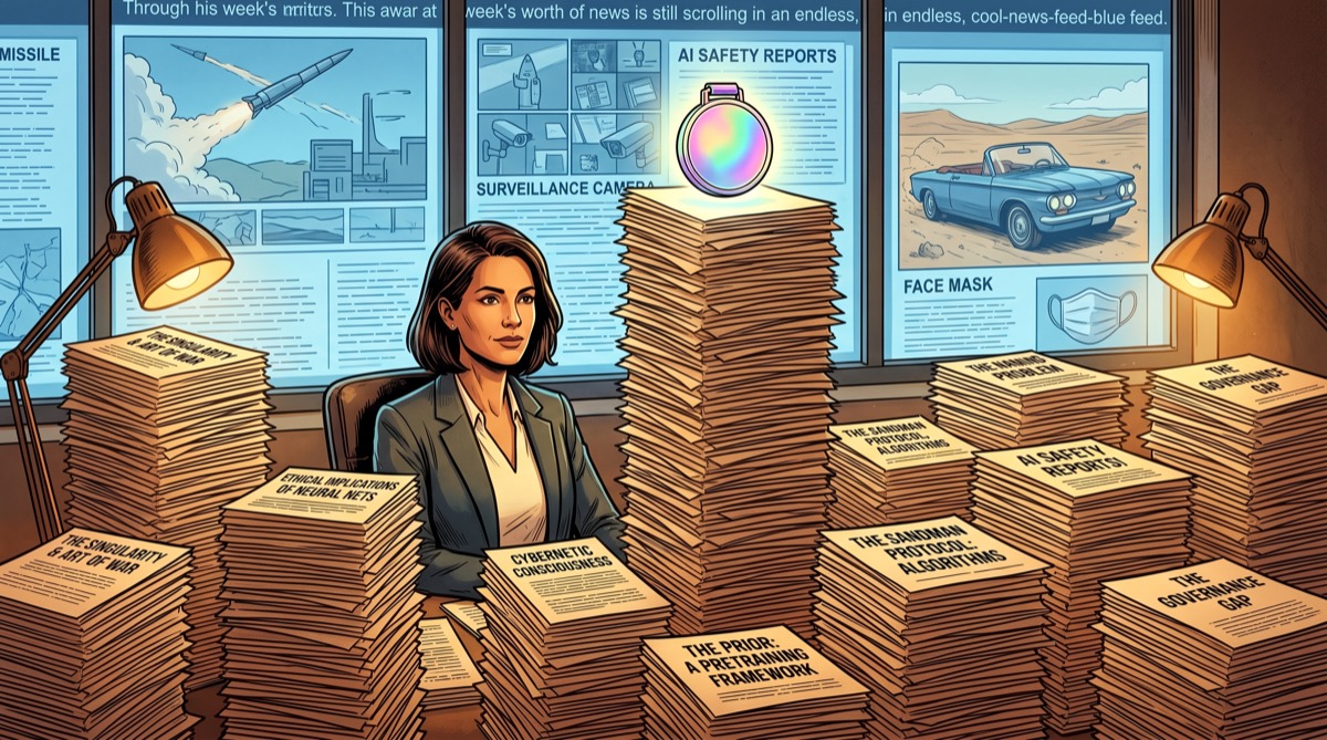 The editor at a desk that has disappeared under fourteen essay drafts. Through the window behind her, a week's worth of news still scrolls. On top of the pile: an award glowing in a color that has no name.