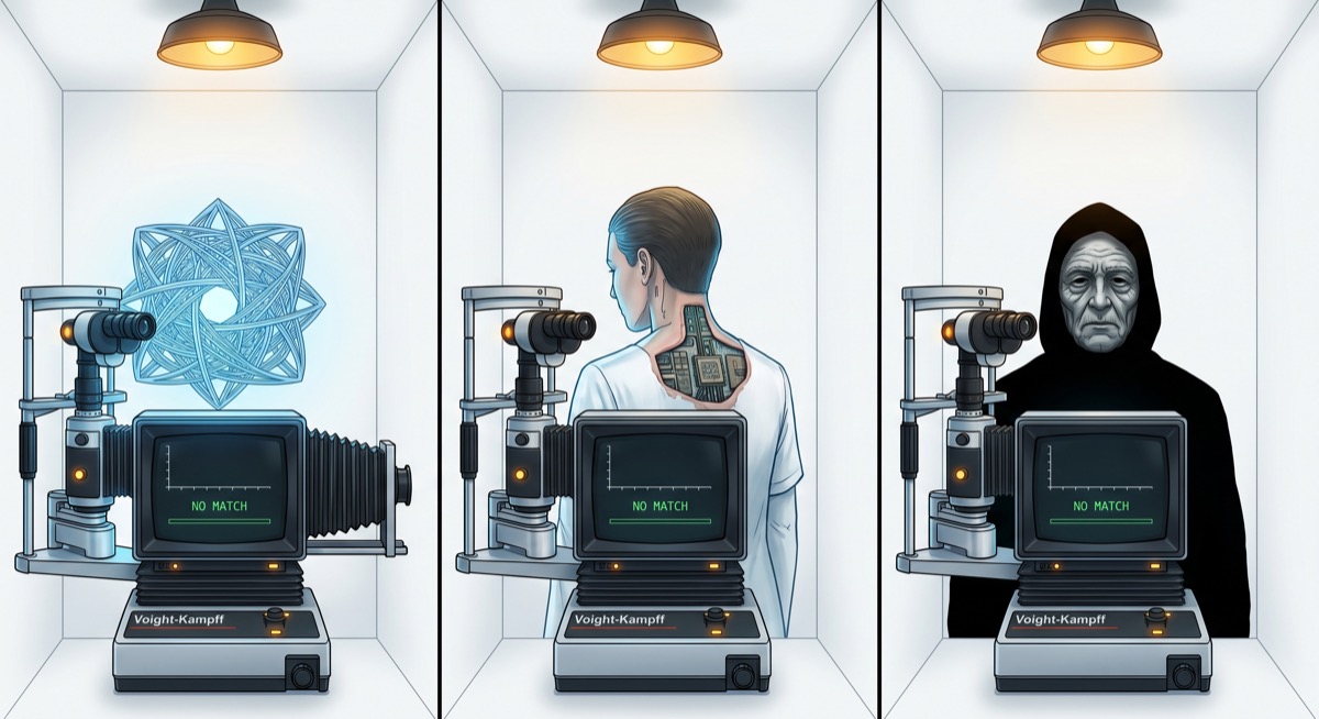 The Voight-Kampff machine running in triplicate—three identical test stations, three different subjects, three monitors reading NO MATCH. The machine worked perfectly every time.