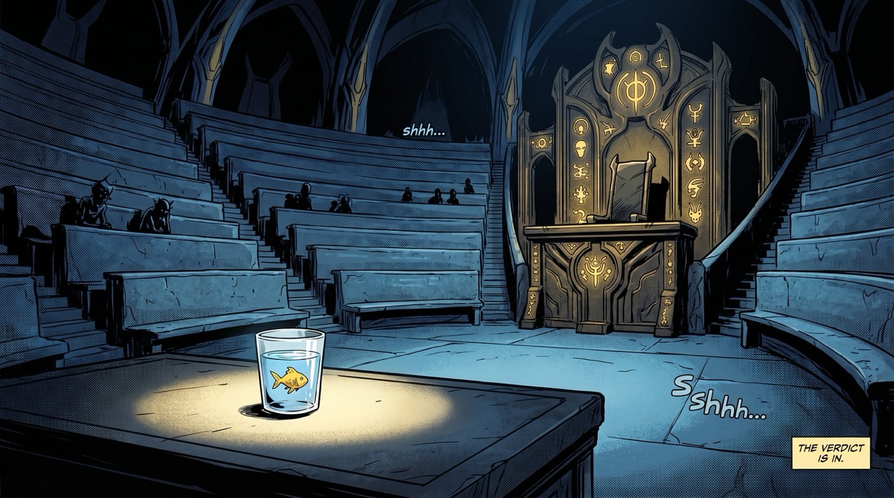 The empty bench where the universe's most consequential case was decided, verdict delivered by a small yellow fish — attendance was sparse after God failed to appear