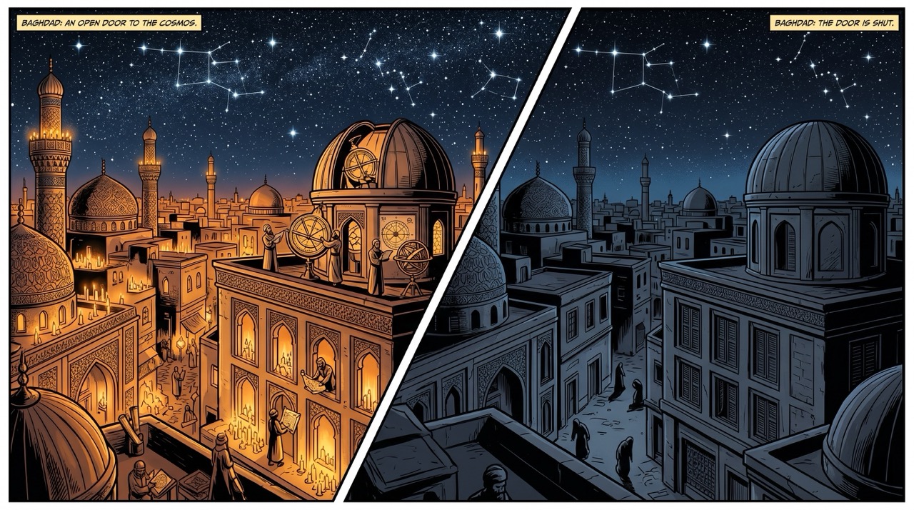 Baghdad at the height of the Islamic Golden Age—a city of domes and observatories blazing with light—and in the same frame, a generation later, the same skyline in the dark