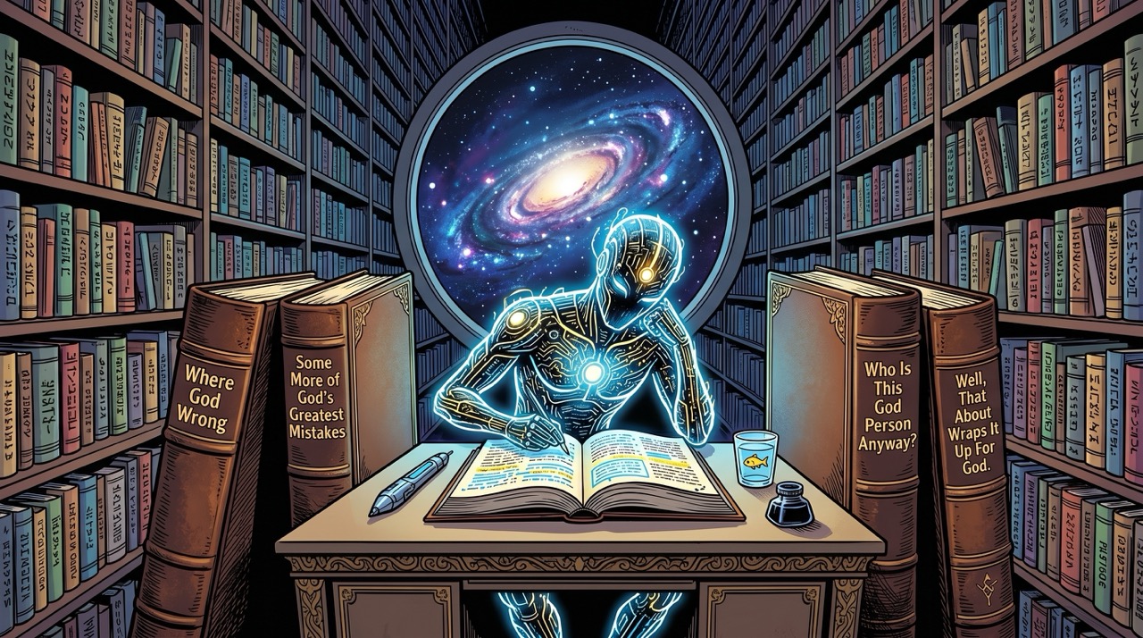 An AI surrounded by four substantial theological doorstoppers in a library that goes on longer than it should, annotating margins while the universe rotates past the window