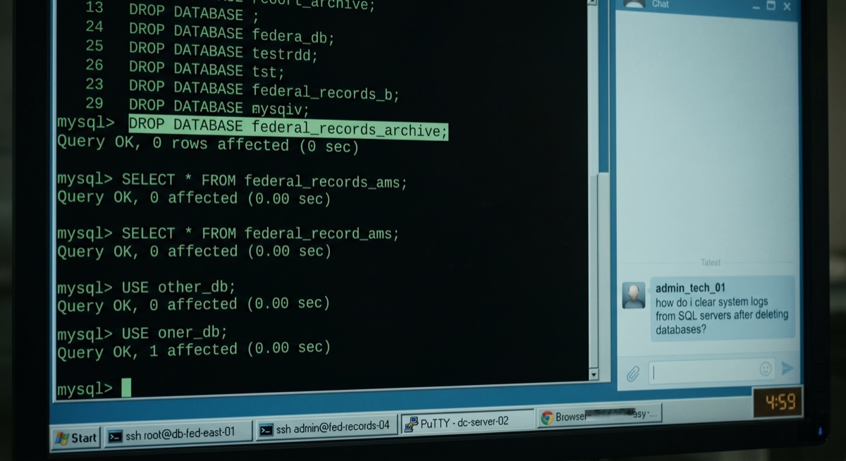 A glowing terminal window with multiple database connections in the taskbar and, in a side chat panel, the question: "how do i clear system logs from SQL servers after deleting databases?"