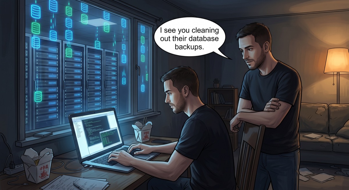 Two men in a darkened apartment, one at a laptop while database icons cascade into oblivion through the window behind them, the other watching with an expression of professional appreciation