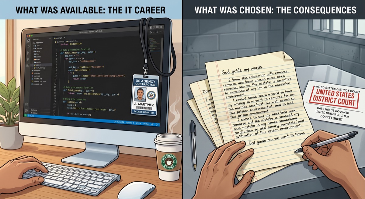 A split frame: on one side, clean code on a monitor and an office badge on a lanyard; on the other, handwritten letters on prison stationery and a federal case docket stacked with exhibits