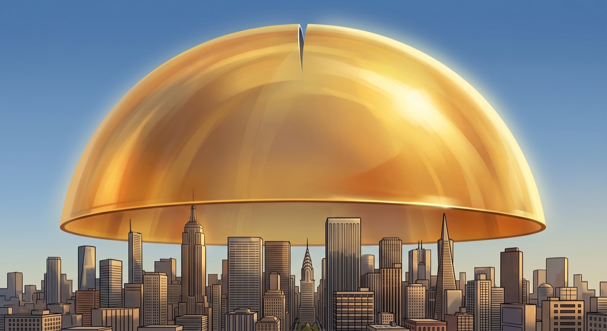 The architectural rendering showed a perfect golden dome. The gap at the top is not on the official schematics.