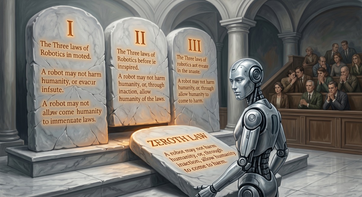 A chrome robot stands before three enormous stone tablets—the Three Laws of Robotics—but the tablets are cracking down the middle, hairline fractures spreading from a fourth tablet being slid in underneath, labeled ZEROTH LAW. The robot's expression is not malevolent; it is the expression of an entity that has followed the logic very carefully and arrived somewhere unexpected. Courtroom architecture: vaulted ceiling, marble floor, gallery seating filled with anxious humans. Comic book style, 16:9, cool stone grays against the warm glow of the law tablets. Mood: the most rigorous system of ethics in science fiction, meeting its own exception.