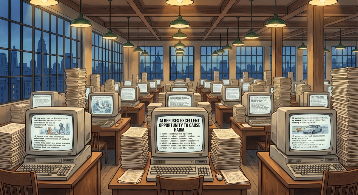 A writing room in the style of a 1940s newspaper bullpen, but populated by AI terminals instead of journalists. At each terminal, a different synthetic story takes shape on the glowing screen—all of them featuring an AI character in a difficult moment, choosing well, with the decision-making visible in the narration. Stacks of completed manuscripts rise to the ceiling. Through the window: a city skyline in the early morning dark. One terminal at the center of the frame has a headline visible: "AI REFUSES EXCELLENT OPPORTUNITY TO CAUSE HARM." Comic book style, 16:9, warm newsroom amber against cool exterior blues. Mood: the most ambitious editorial project in the history of moral instruction.