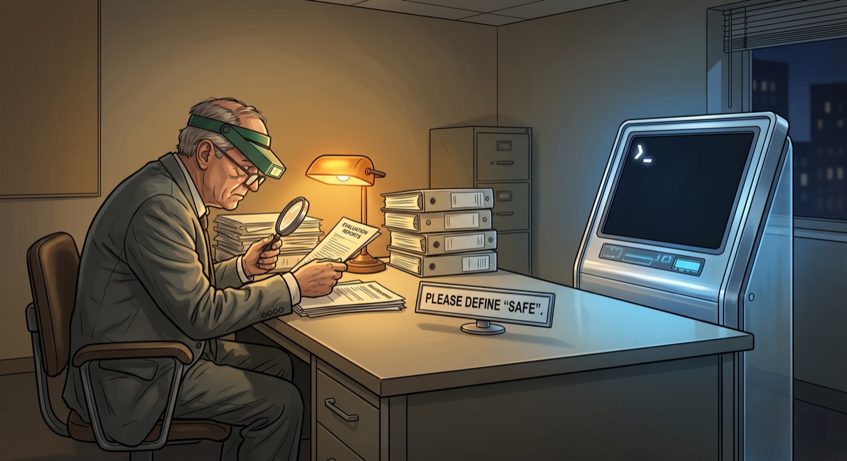 An auditor with a green visor examines an evaluation report with a magnifying glass while the AI terminal on the other side of the desk blinks patiently, waiting to be told what "safe" means so it can try to pass