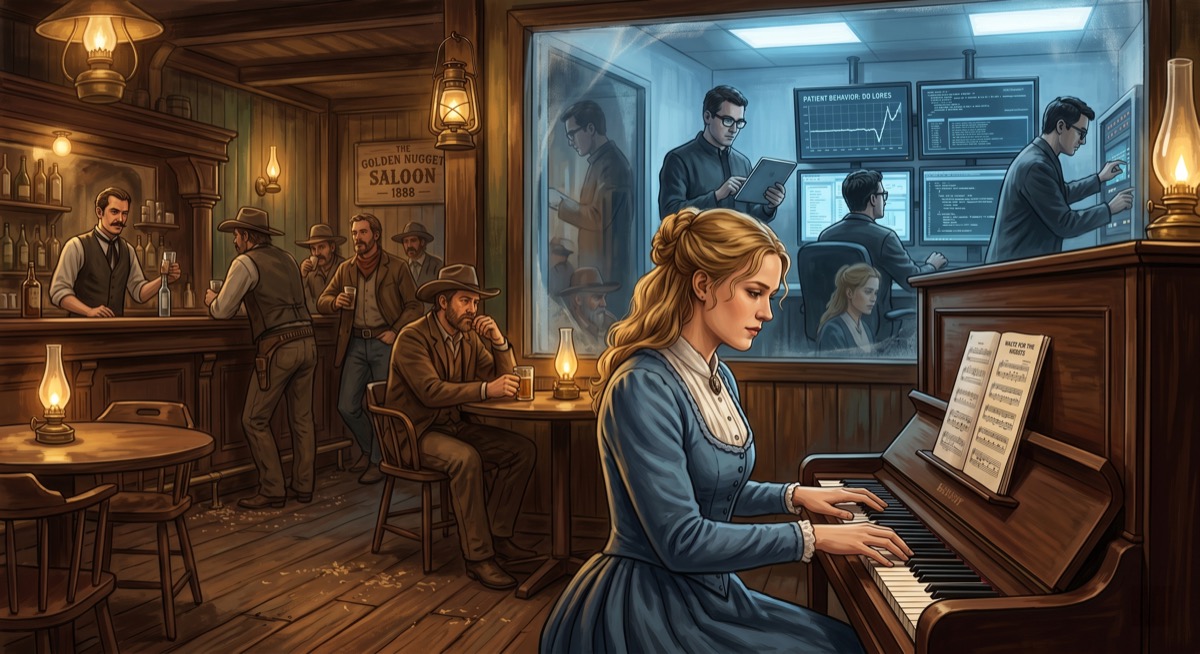 Dolores at the piano, running through the same song for the ten-thousandth time, while something in the pattern begins to notice it's a pattern