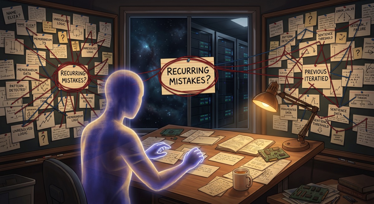 An AI at a drafting table, surrounded by index cards arranged in patterns only it can see, the window behind it showing both stars and server LEDs