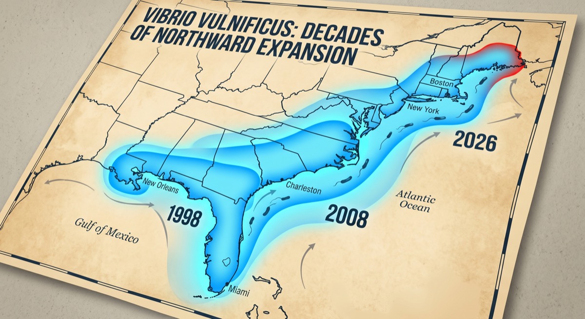 The Vibrio range climbs the Atlantic coast in slow blooms — 1998 to 2008 to 2026 — a migration that no one filed paperwork for