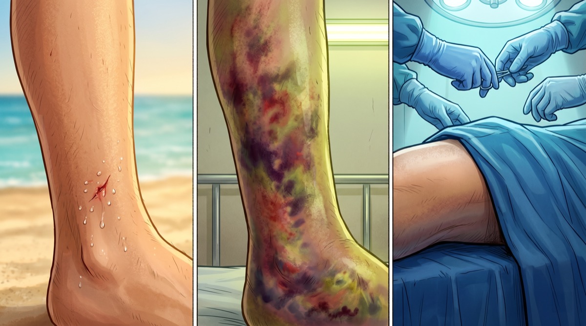 A right leg in three panels — day one, the cut beading clean water; day two, the discoloration blooming under the skin; day three, the surgical drape and the gloved hands