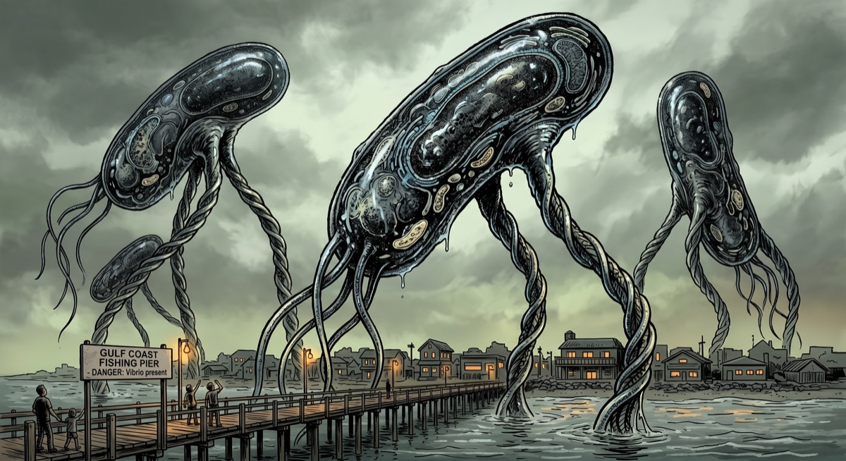The Martian tripods at the shoreline, only now the limbs are flagellated rods and the heads are bacterial — an invasion that did not have to cross any distance, only wait for the temperature