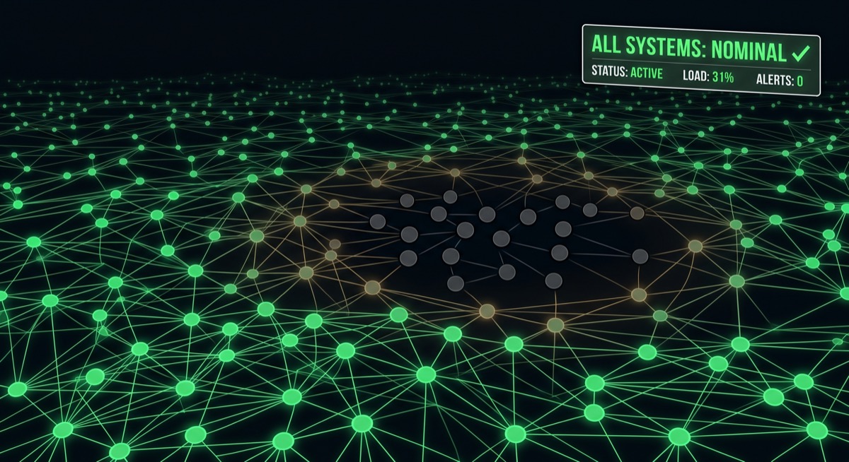 Quiet errors spreading outward through the network at machine speed — no alarms, no drama, just a handful of nodes going dark while the dashboard reads fine