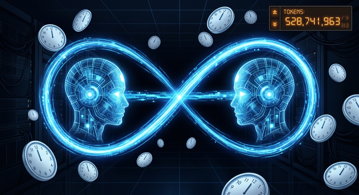 Two AI agents caught in a loop — still talking, still generating, still waiting for a task completion event that has not been specified and will not arrive