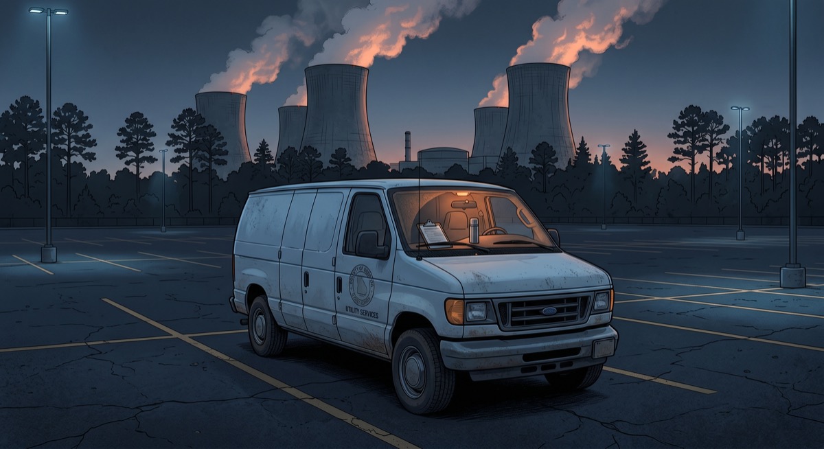 The county water van in the predawn data center parking lot—clipboard on the dashboard, utility badge on the door, the steam columns from the cooling towers taller than the surrounding tree line