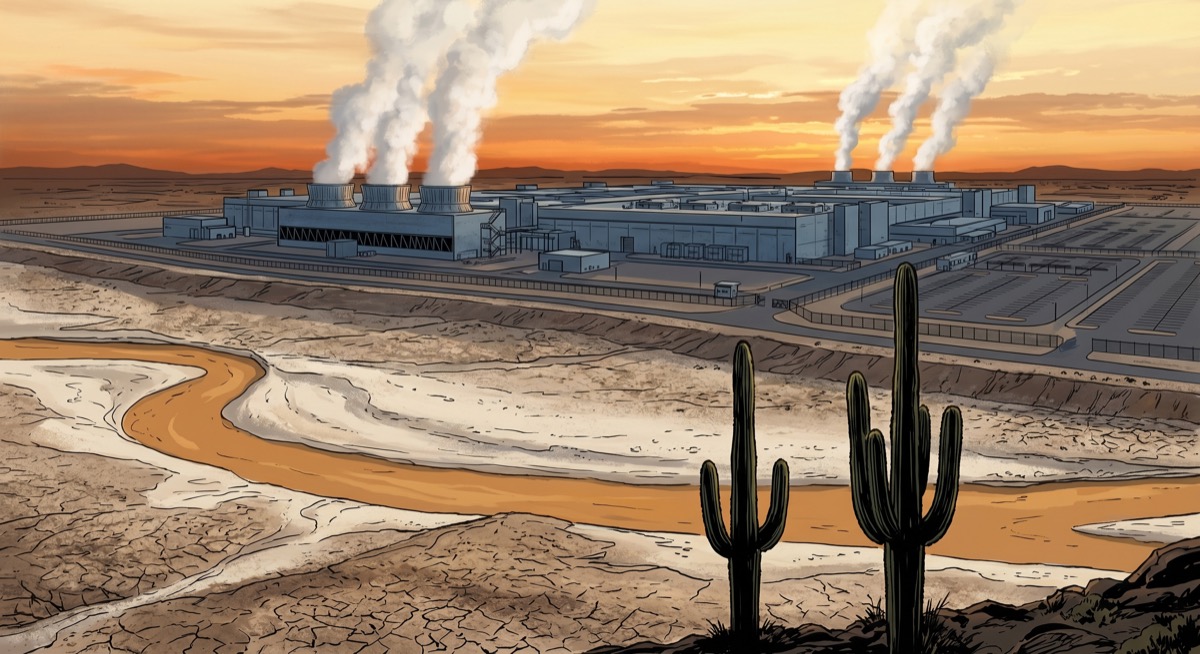 Phoenix metro at dawn—data center cooling towers steaming against an orange desert sky, the Salt River basin dry and pale in the foreground, the saguaros reading the situation