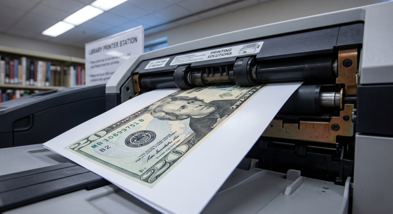 A bill emerging from a printer—right face, wrong body