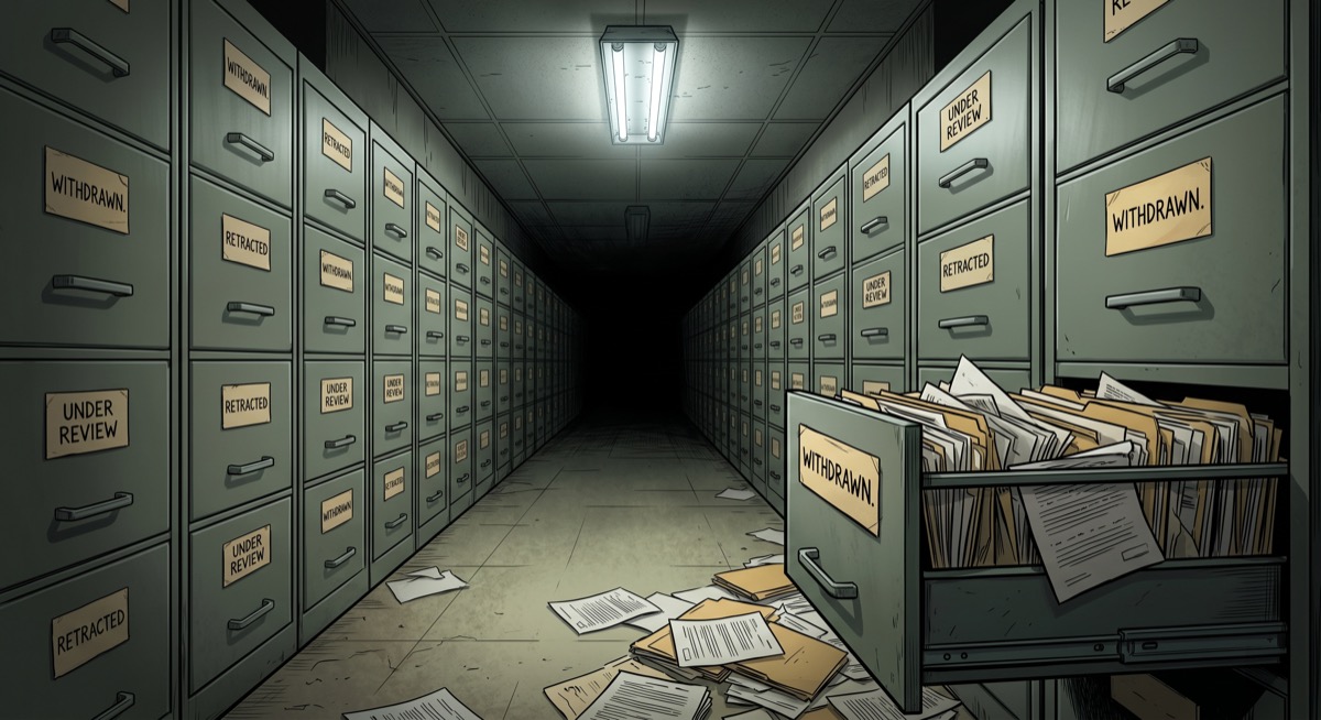 A memory hole, as rendered in comic book terms, turns out to look like a very ordinary file drawer. The label reads: WITHDRAWN. The drawer is full.