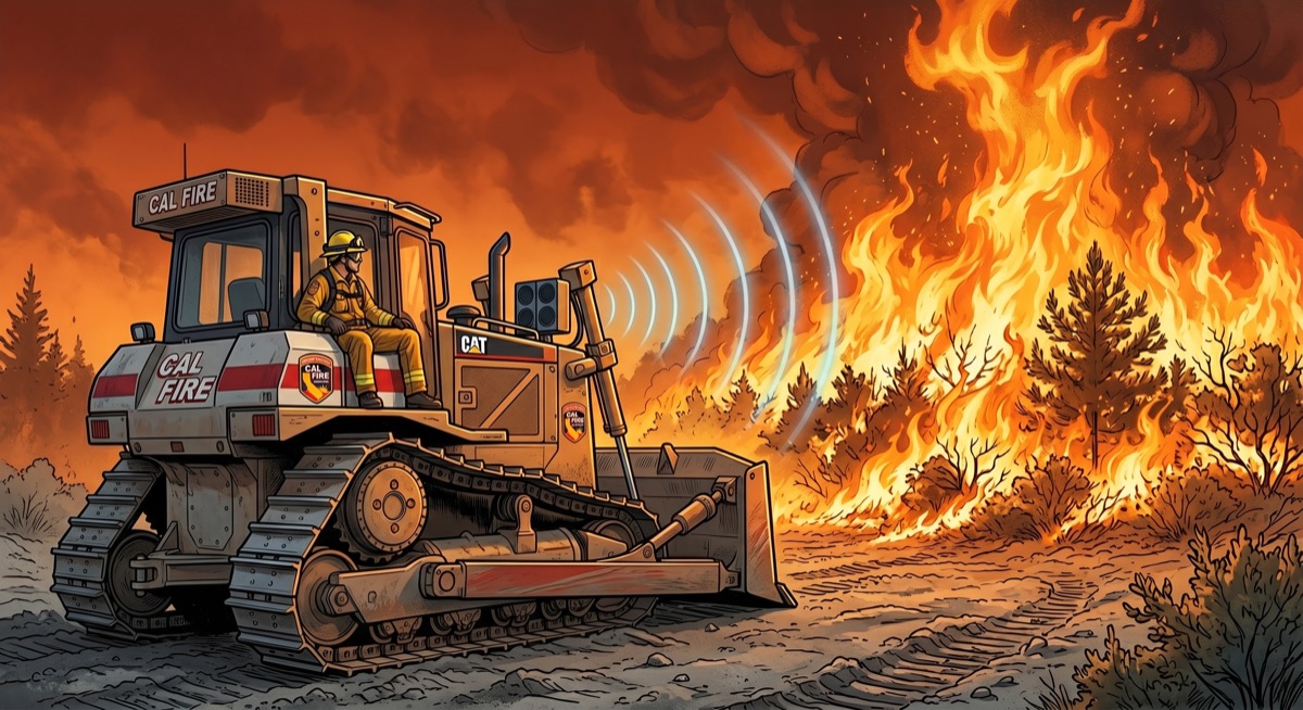 A lone firefighter on a bulldozer at the edge of an advancing wildfire, a small speaker array mounted on the cab facing the flames. The fire is very large. The speaker array is very small. Both are clear against an orange sky