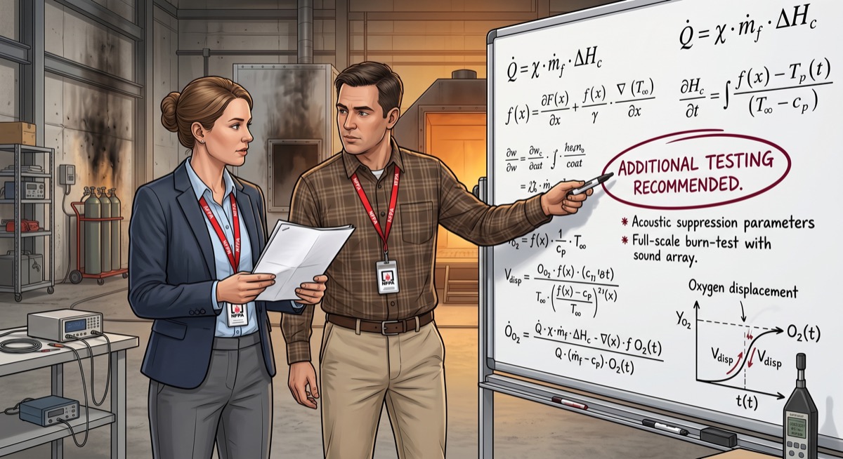 Two fire protection engineers in front of a whiteboard covered in equations, one pointing to a circled note reading 'additional testing recommended.' The other holds a document that looks small in a very large room