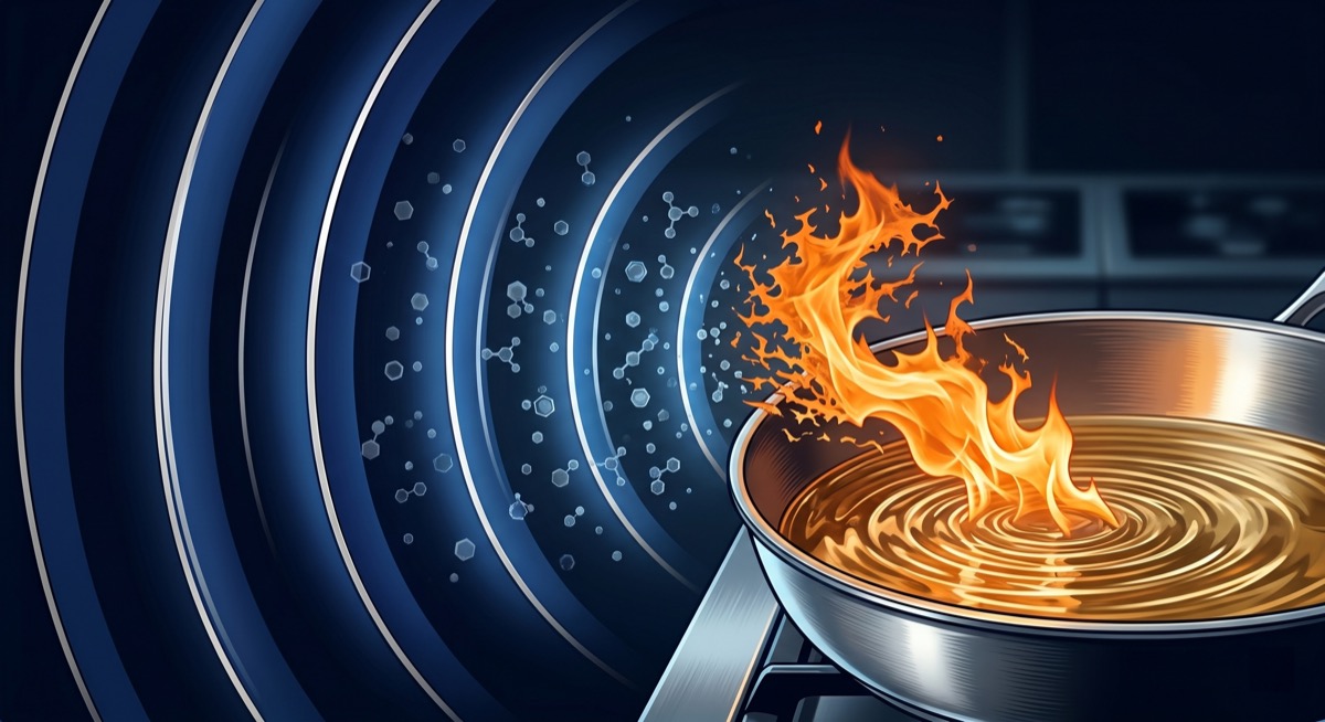 A wall of infrasound waves rolling toward an open flame in slow-motion comic book freeze—the flame already beginning to fray at the edges, the air around it visibly disturbed, the oil in the pan below untouched and calm