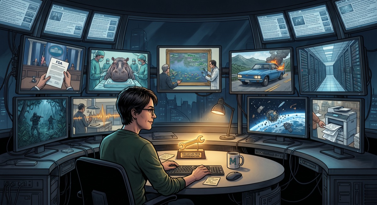The editor at nine monitors, each showing a different image from the week, working with the calm competence of someone who has done this before and will probably have to do it again.