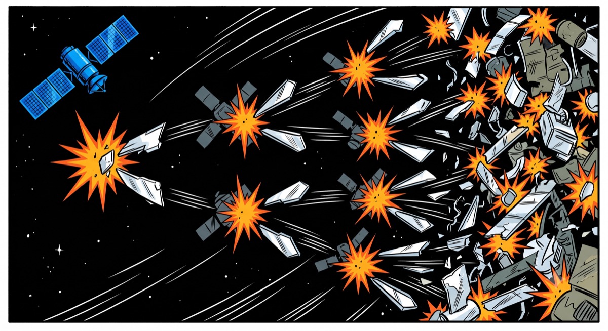 The Kessler cascade: one collision, two fragments. Two fragments, four collisions. The arithmetic only goes one direction.