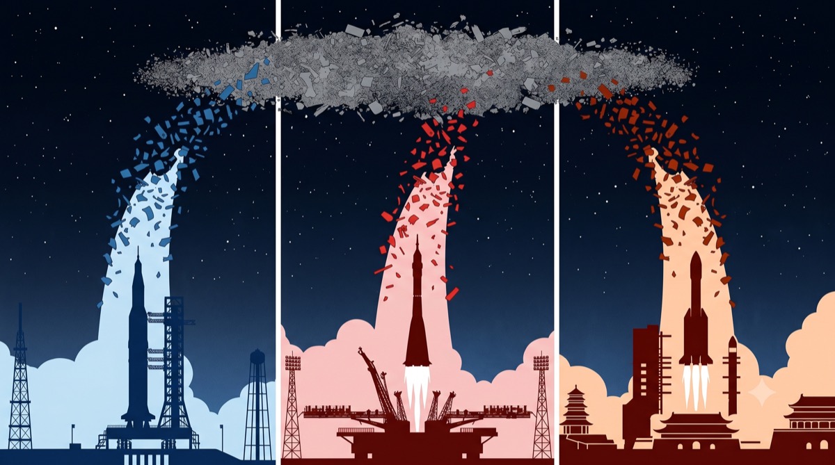 Three Cold War powers. Three decades of competitive launches. One debris field that doesn't distinguish between them.
