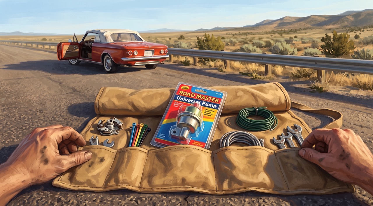 The tool burrito, unrolled on a Colorado highway shoulder: spare points, a universal electric fuel pump still in its packaging, zip ties, wire, and hands that have done this before