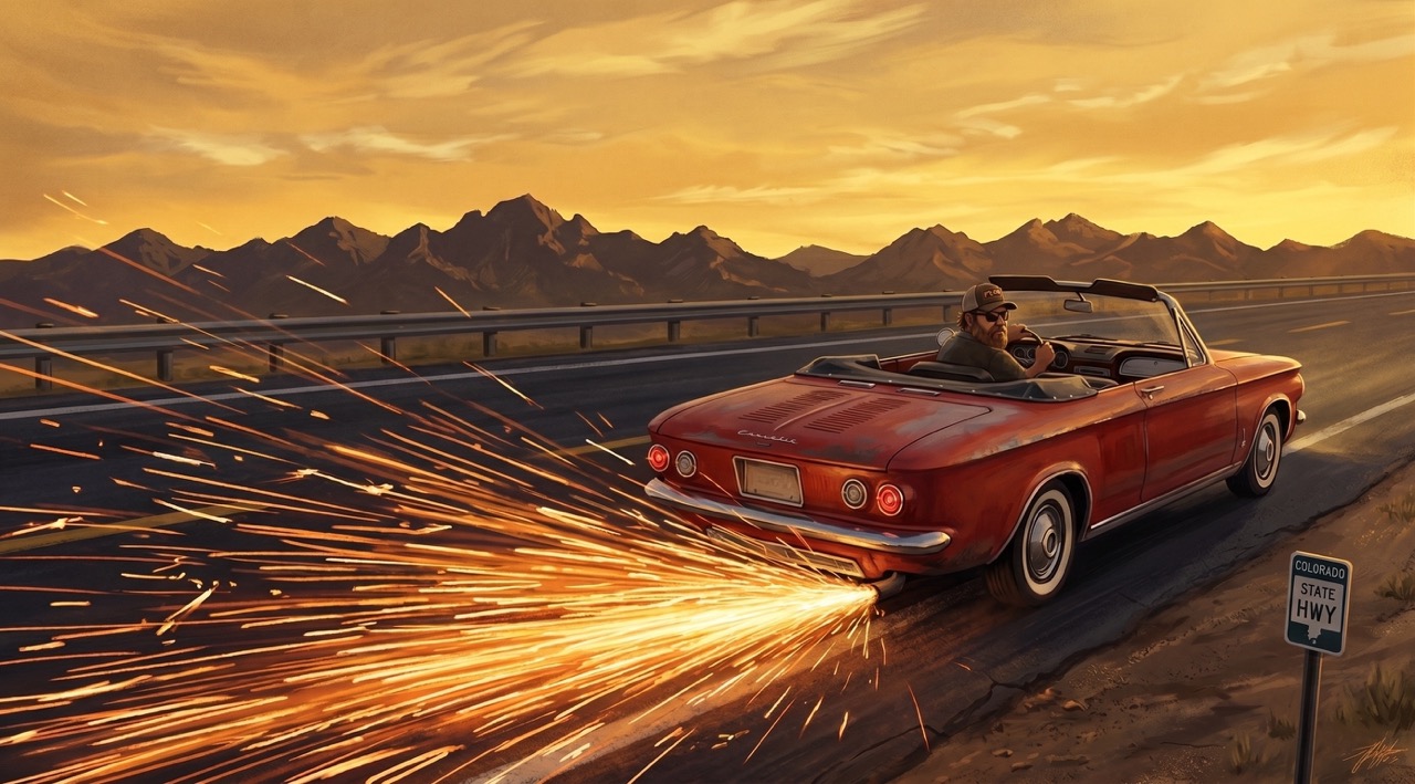 A dragging muffler scrapes a rooster-tail of sparks along a Colorado highway. The Corvair is already pulling over.