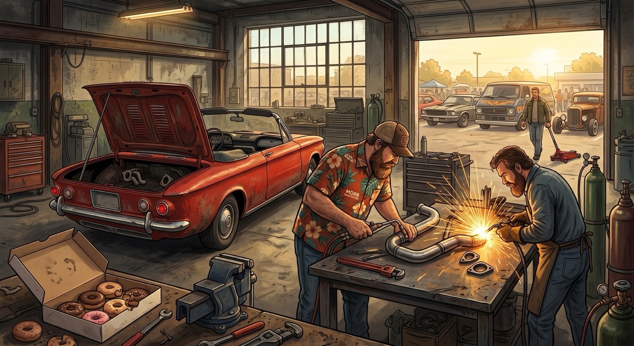Two mechanics bend custom exhaust pipe over a fabrication bench. The Corvair sits in the corner with its engine lid propped and its muffler missing, while a parking lot car show assembles outside through the shop windows
