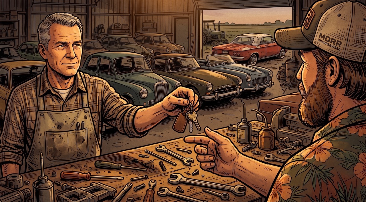 A man hands a set of keys across a workbench cluttered with parts, in a shop full of beautiful old cars. The giver is smiling the smile of someone who has already made peace with this decision.