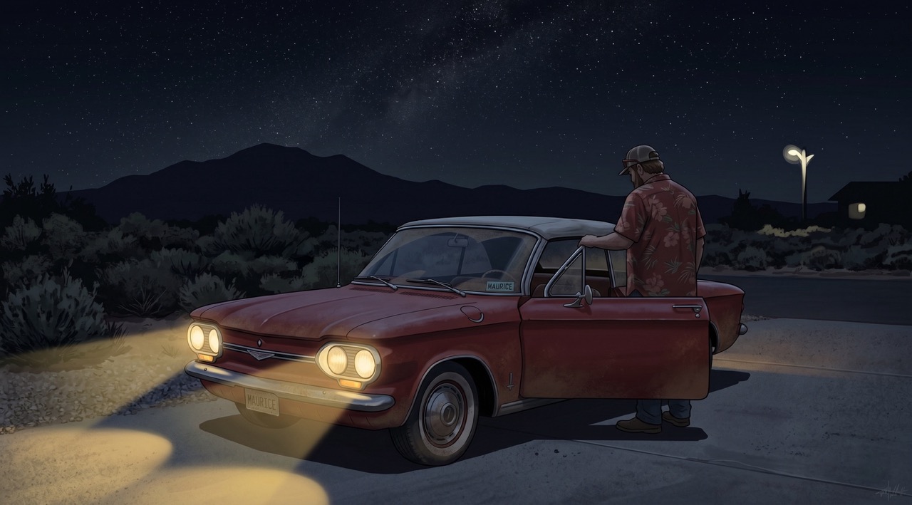 The Corvair sits in a Utah driveway at midnight, engine off, headlights still on. It made it.