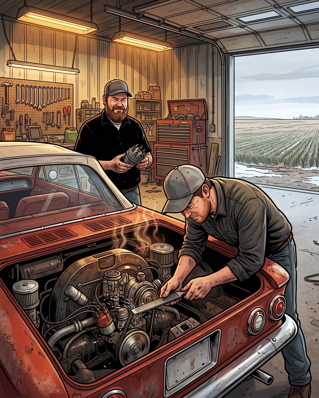 A man sands the rust off a spinning pulley with a rasp, standing beside a running Corvair in a Nebraska farm shop. The engine is on; the rasp is losing.