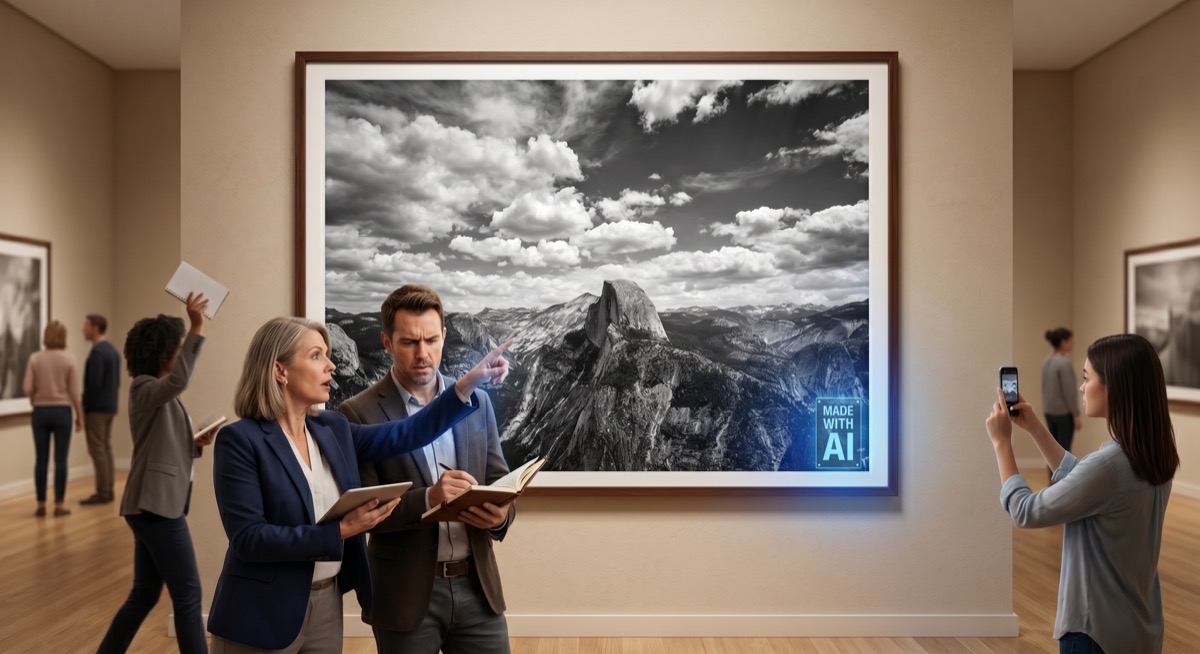 A dramatic mountain landscape in the style of Ansel Adams, pinned to a wall with a glowing "MADE WITH AI" badge, a crowd of critics already assembling at a respectful but judgmental distance