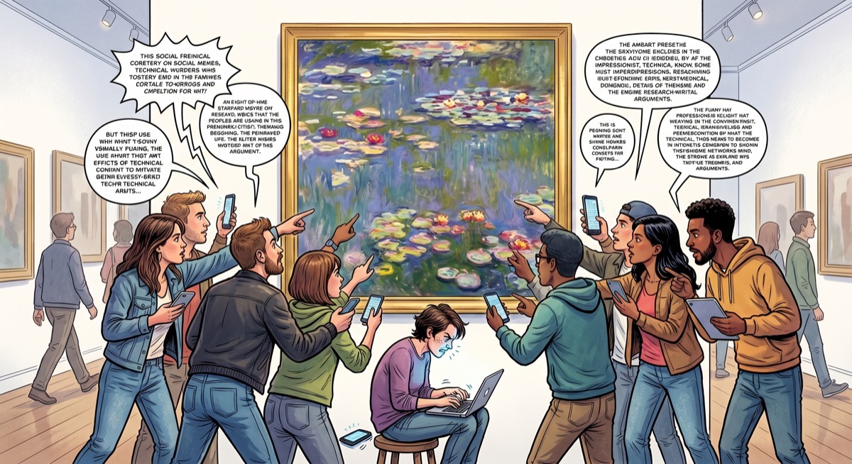 The critics assemble, tablets raised, each pointing at a different flaw in the canvas—an impressionist painting that hangs serenely above them, apparently unmoved by the proceedings