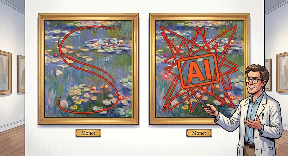 Two Monet paintings side by side: one with smooth, curling red eye-track lines, the other with lines going every direction like a highway interchange in a city nobody planned. Both are labeled Monet. This has not yet been acknowledged.
