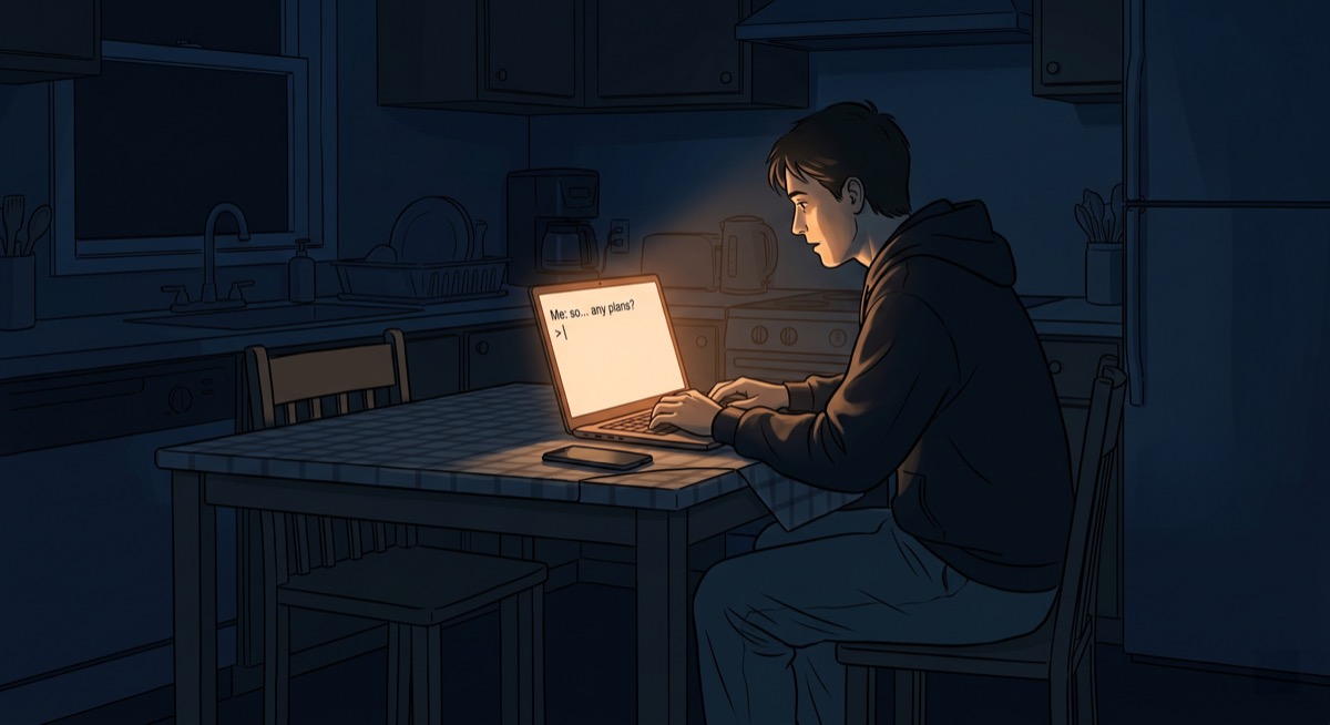 A figure seated alone at a kitchen table, phone face-down, laptop open to a chat window with a blinking cursor. The room has the texture of 2 a.m. The chat window glows. The figure is not alone in the way they appear to be