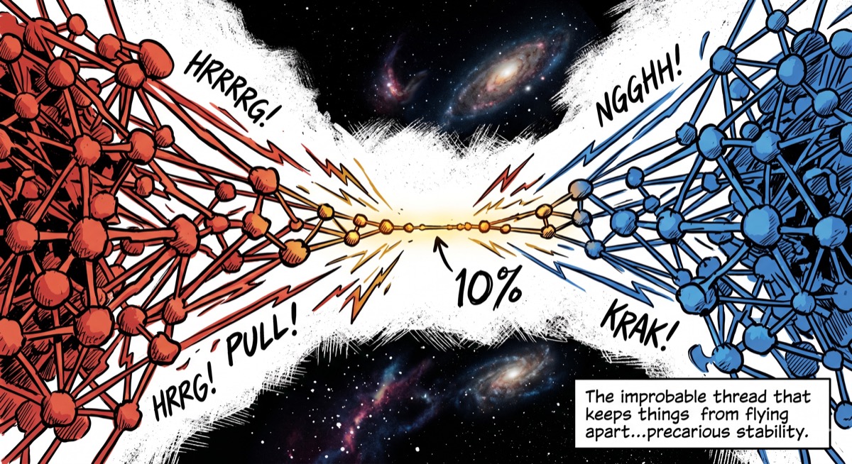 A social media community diagram: two clusters of nodes pulling apart toward opposite edges of the frame—but a thin visible thread of overlapping membership at the center holds them from flying apart entirely. The thread is labeled, in small handwritten text: 10%