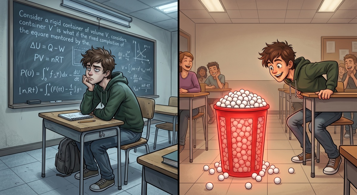The equation on the board. The trash can in the corner, waiting.