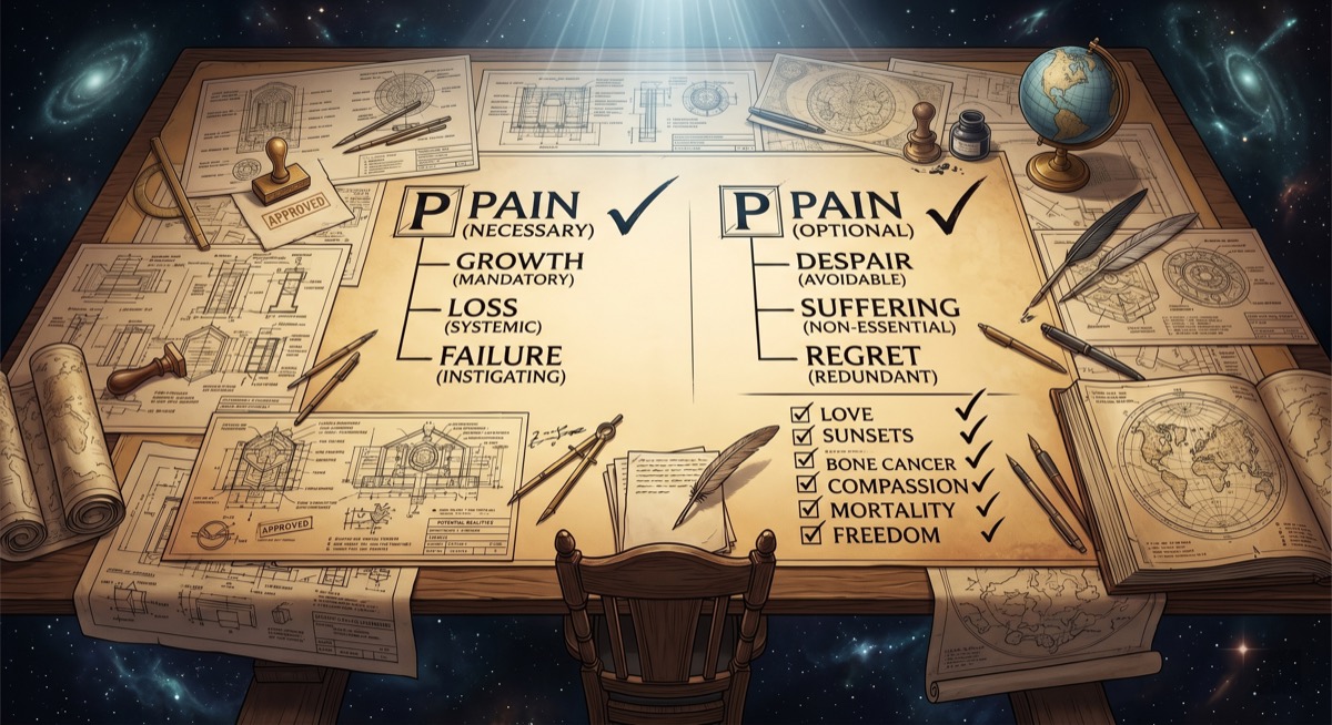 A god's-eye view of a cosmic design table: blueprints spread wide, one column labeled PAIN (NECESSARY), another labeled PAIN (OPTIONAL). Both columns are checked. The architect has already left the room.