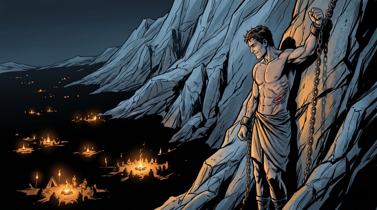 Prometheus on the mountainside: the eagle already gone, the wound closing, the fire still burning below in a thousand hearths—and his expression containing something that might be satisfaction